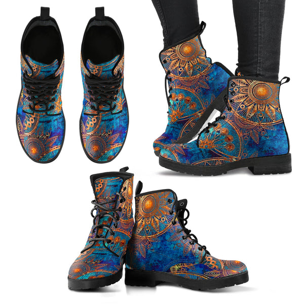 Combat Boots for Women - Blue Gold Boots with Grunge Mandala