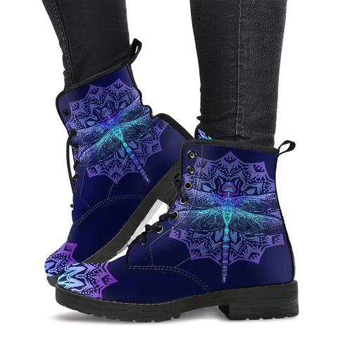 Combat Boots for Women - Dragonfly Mandala Handcrafted Boots