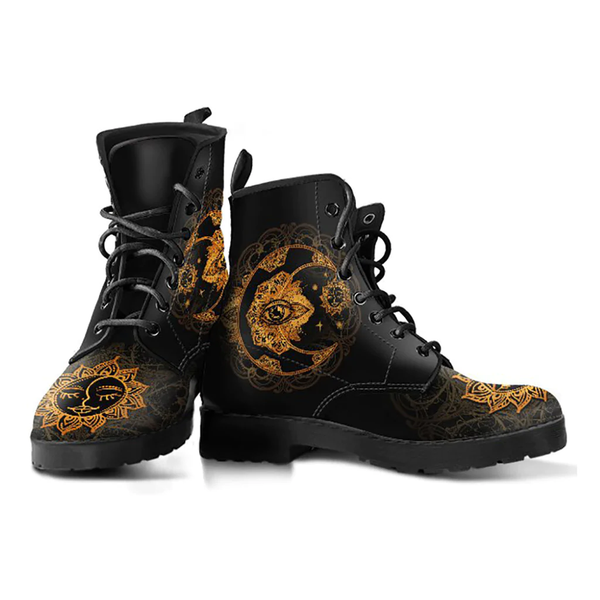 Combat Boots for Women - Gold Sun and Moon Women’s Leather