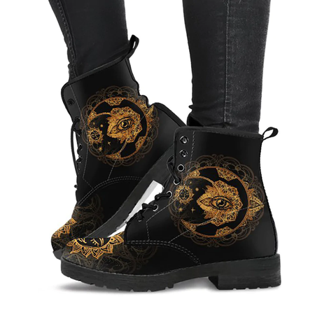 Combat Boots for Women - Gold Sun and Moon Women’s Leather