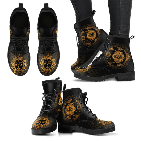 Combat Boots for Women - Gold Sun and Moon Women’s Leather