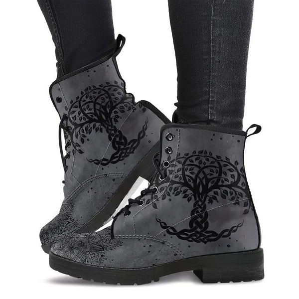 Combat Boots for Women - Grey Tree Of Life Handcrafted Boots