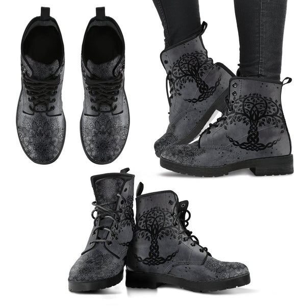 Combat Boots for Women - Grey Tree Of Life Handcrafted Boots