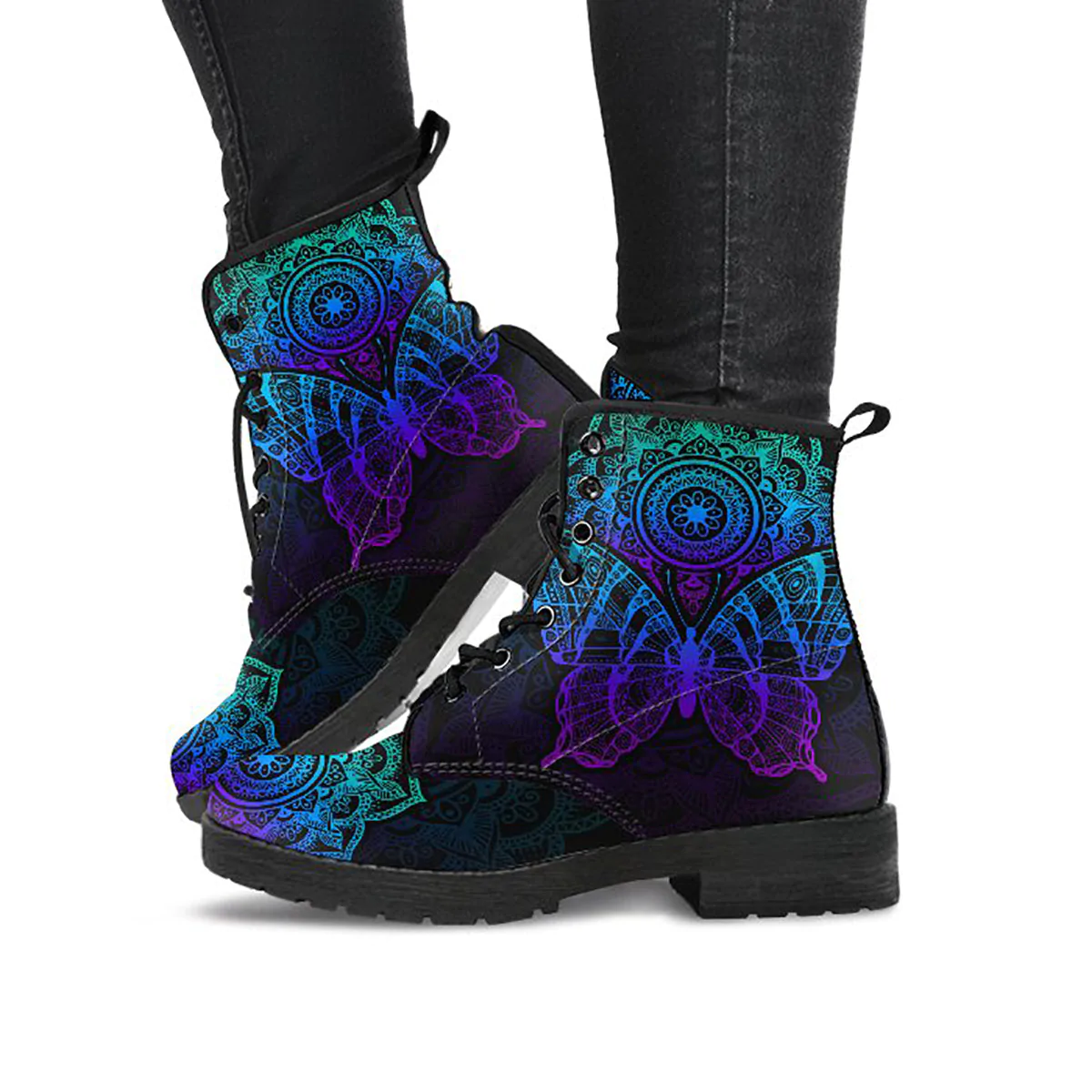 Combat Boots for Women - Handcrafted Mandala Butterfly Boots