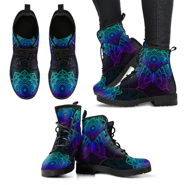 Combat Boots for Women - Handcrafted Mandala Butterfly Boots