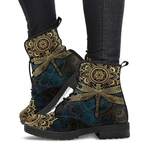 Combat Boots for Women - Mandala Dragonfly Gold Handcrafted 