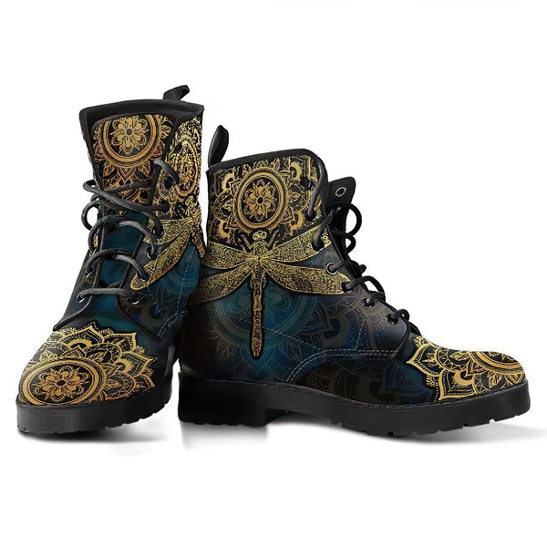 Combat Boots for Women - Mandala Dragonfly Gold Handcrafted 