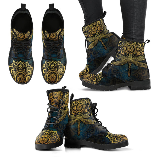 Combat Boots for Women - Mandala Dragonfly Gold Handcrafted 