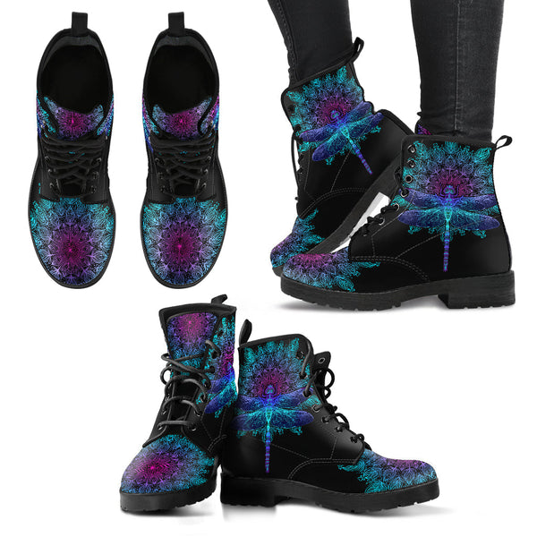 Combat Boots for Women - Mandala Dragonfly Handcrafted Boots