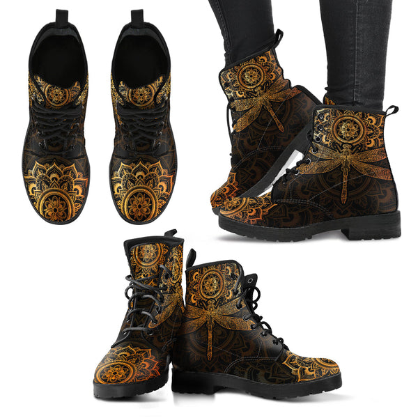 Combat Boots for Women - Mandala Dragonfly Rusty Gold