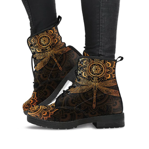 Combat Boots for Women - Mandala Dragonfly Rusty Gold