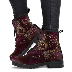 Combat Boots for Women - Maroon Sun and Moon Handcrafted