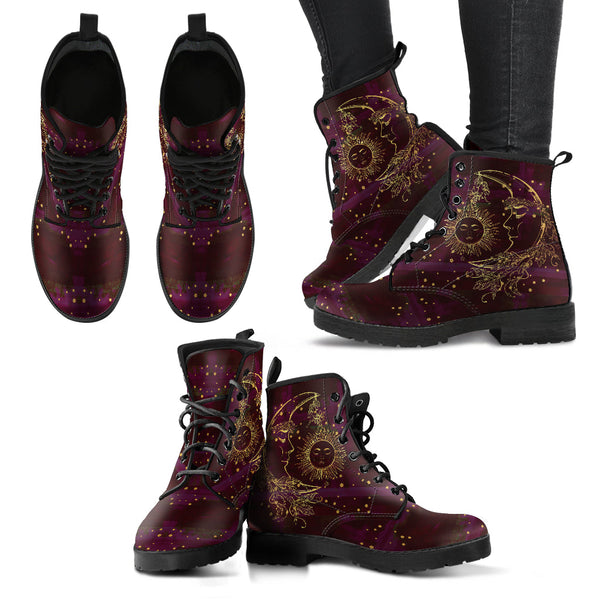 Combat Boots for Women - Maroon Sun and Moon Handcrafted