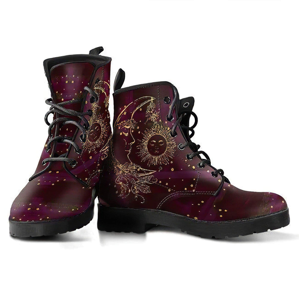 Combat Boots for Women - Maroon Sun and Moon Handcrafted