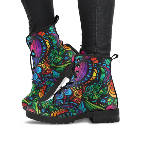 Combat Boots for Women - Mosaic Flower Handcrafted Boots |