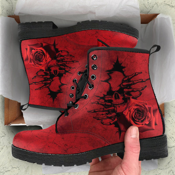 Combat Boots - Goth Shoes #102 Skulls & Roses Grunge Red |