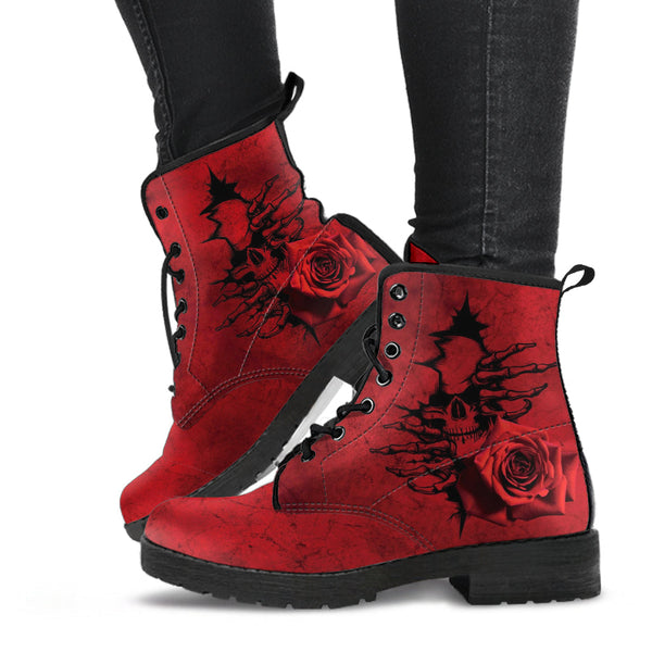 Combat Boots - Goth Shoes #102 Skulls & Roses Grunge Red |