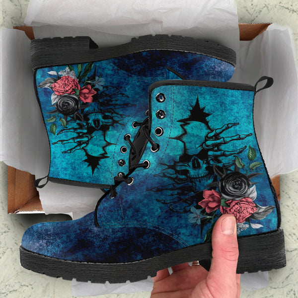 Combat Boots - Goth Shoes #103 Skulls & Flowers Grunge Blue