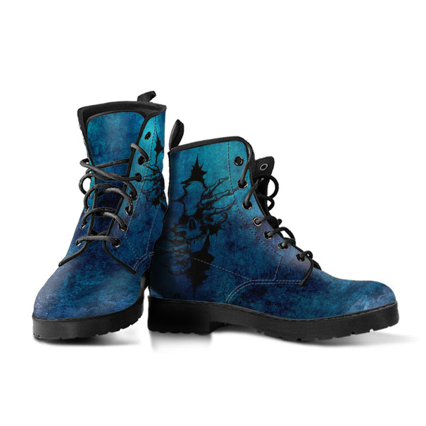 Combat Boots - Goth Shoes #103 Skulls & Flowers Grunge Blue
