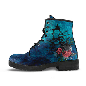 Combat Boots - Goth Shoes #103 Skulls & Flowers Grunge Blue