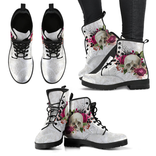 Combat Boots - Goth Shoes #108 Skulls & Roses White Gothic
