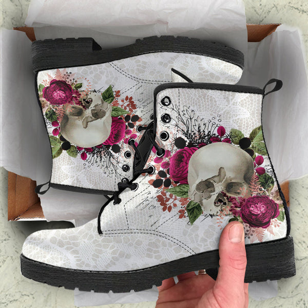Combat Boots - Goth Shoes #108 Skulls & Roses White Gothic