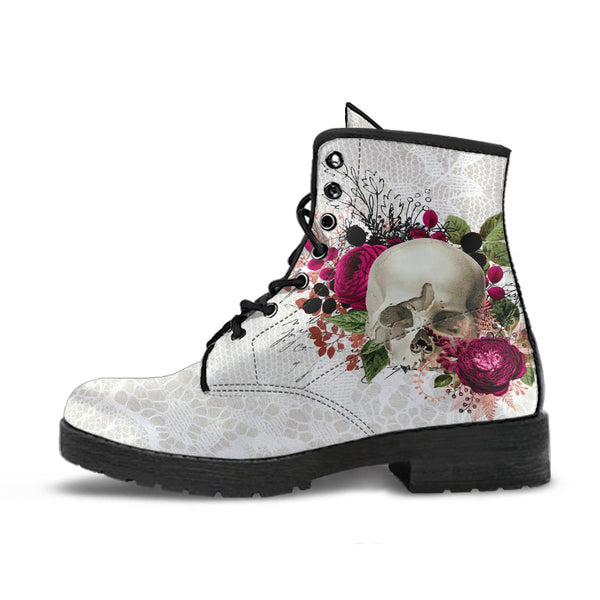 Combat Boots - Goth Shoes #108 Skulls & Roses White Gothic