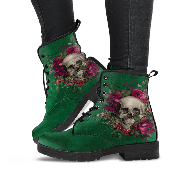 Combat Boots - Goth Shoes #110 Skulls & Roses Grunge Green |