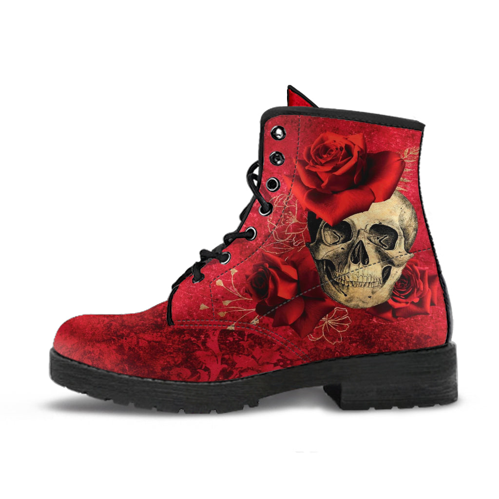 Combat Boots - Goth Shoes #301 Skulls & Roses Grunge Red |