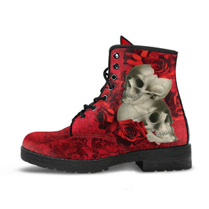 Combat Boots - Goth Shoes #302 Skulls & Roses Grunge Red |