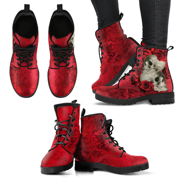 Combat Boots - Goth Shoes #302 Skulls & Roses Grunge Red |