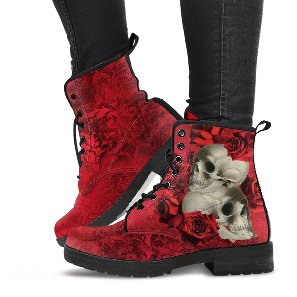 Combat Boots - Goth Shoes #302 Skulls & Roses Grunge Red |