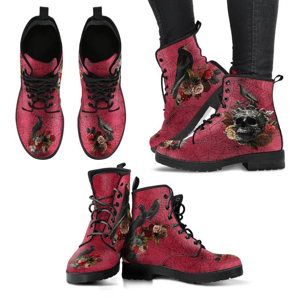 Combat Boots - Goth Shoes #32 Red Spiderweb Boots | Vegan 