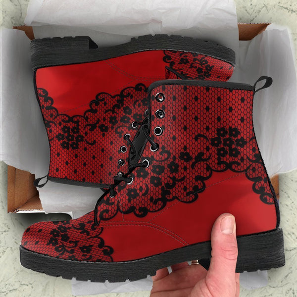 Combat Boots-Gothic Lace Print 102 Red | ACES INFINITY