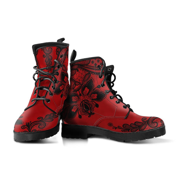 Combat Boots-Gothic Lace Print 103 Red | ACES INFINITY
