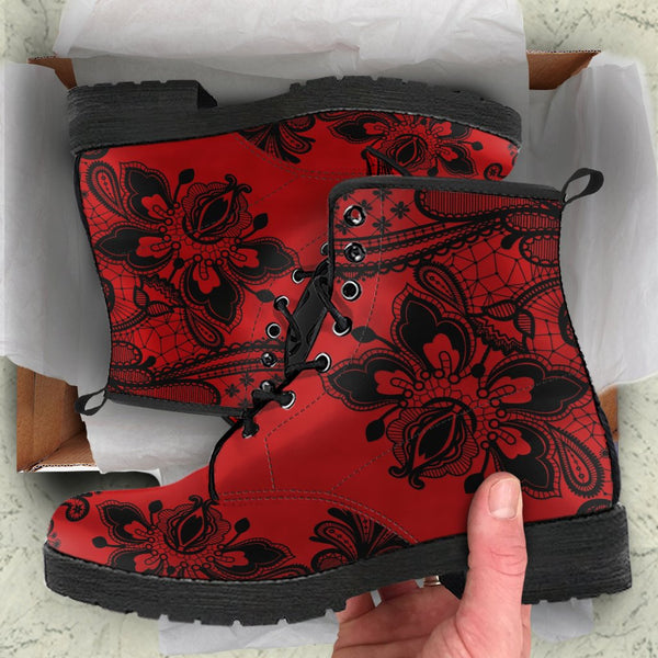 Combat Boots-Gothic Lace Print 103 Red | ACES INFINITY