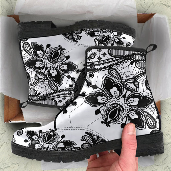 Combat Boots-Gothic Lace Print 103 White | ACES INFINITY