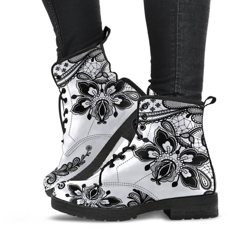 Combat Boots-Gothic Lace Print 103 White | ACES INFINITY