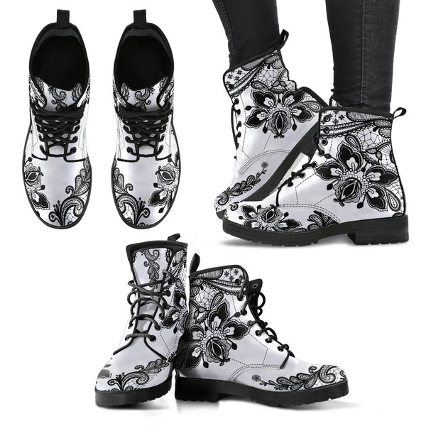 Combat Boots-Gothic Lace Print 103 White | ACES INFINITY