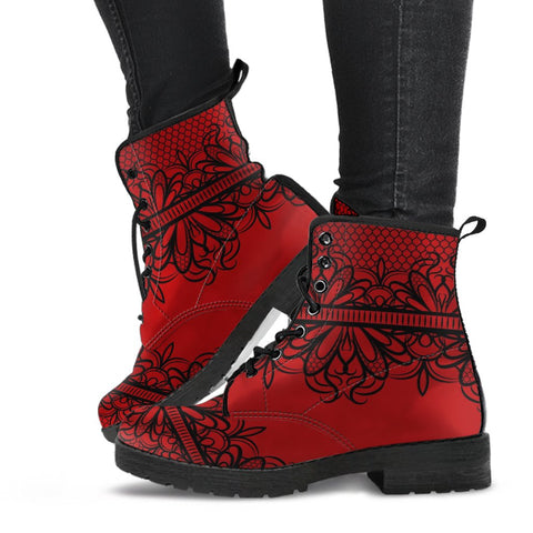 Combat Boots-Gothic Lace Print 108 Red | ACES INFINITY