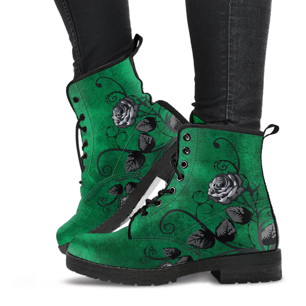 Combat Boots - Gray Roses Grunge Green | Cruelty-free Vegan