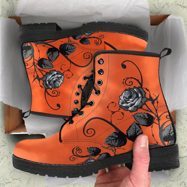 Combat Boots - Gray Roses Orange Color | Cruelty-free Vegan