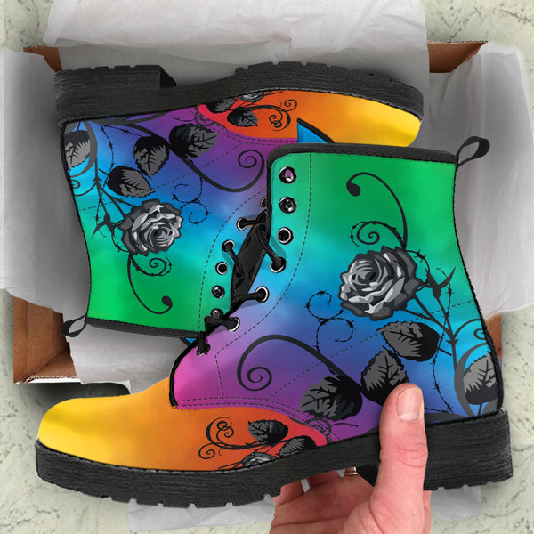 Combat Boots - Gray Roses Rainbow Color | Cruelty-free Vegan