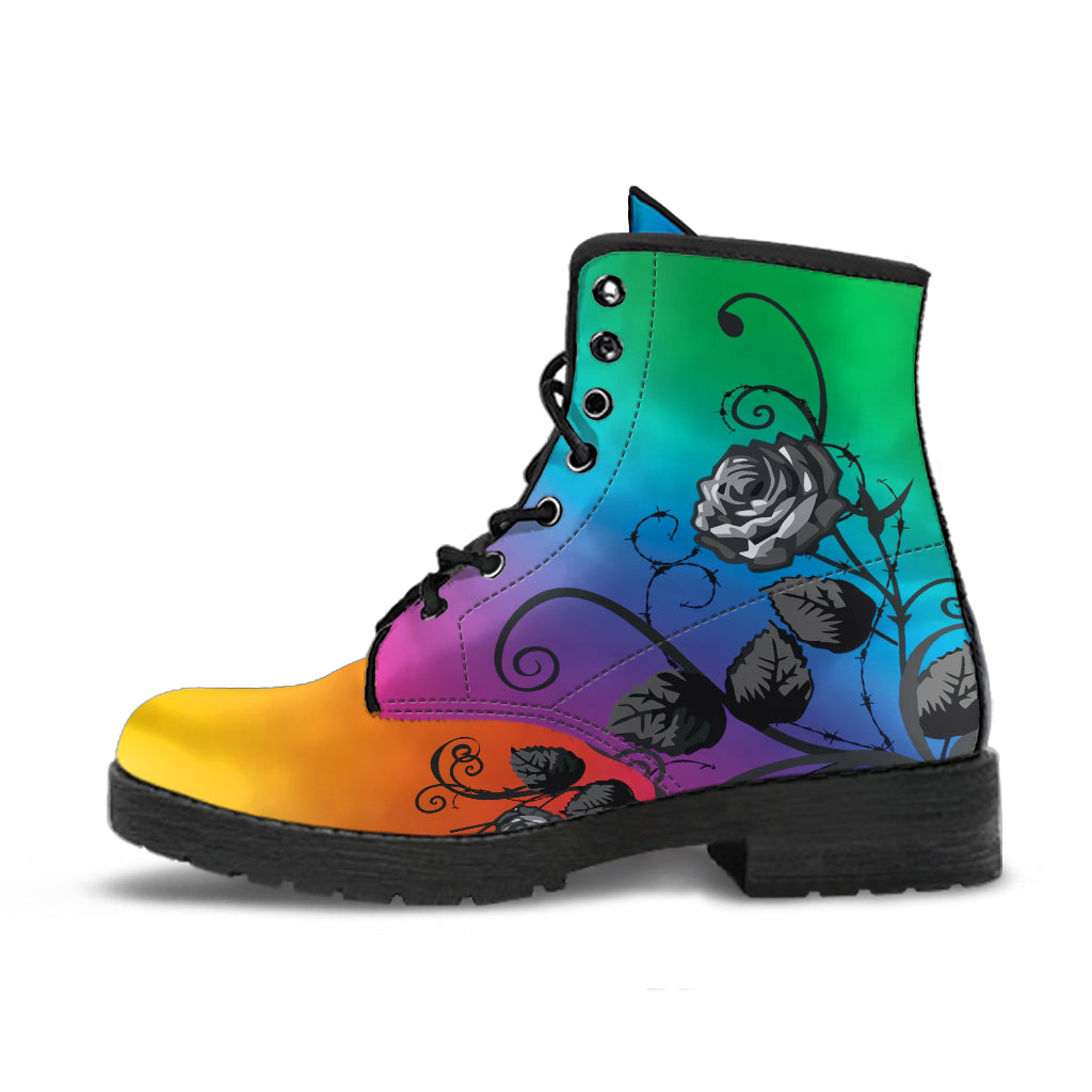 Combat Boots - Gray Roses Rainbow Color | Cruelty-free Vegan