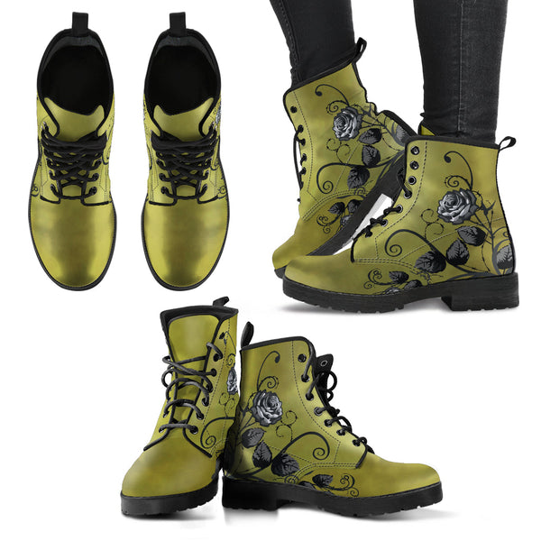 Combat Boots - Gray Roses Smoky Green Grunge | Cruelty-free 