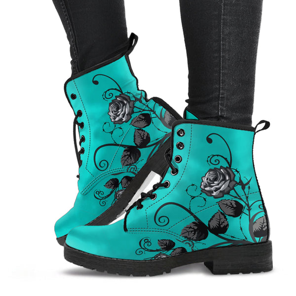 Combat Boots - Gray Roses Turquoise Color | Unique Custom 