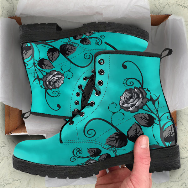 Combat Boots - Gray Roses Turquoise Color | Unique Custom 