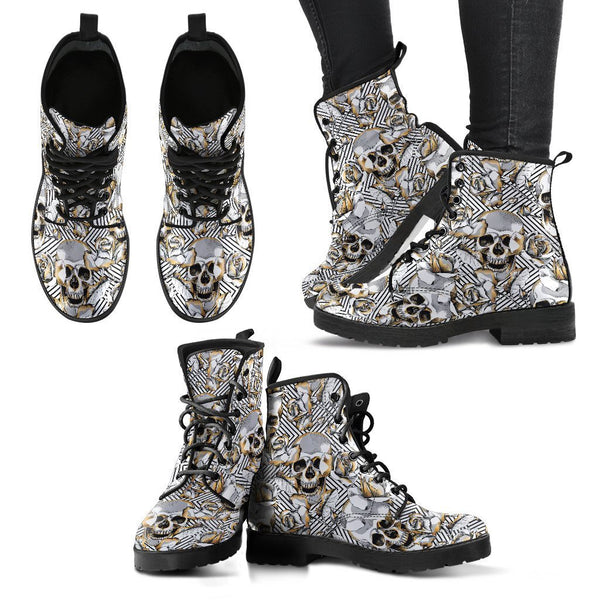 Combat Boots - Gray Skulls | Vegan Leather Lace Up Boots 
