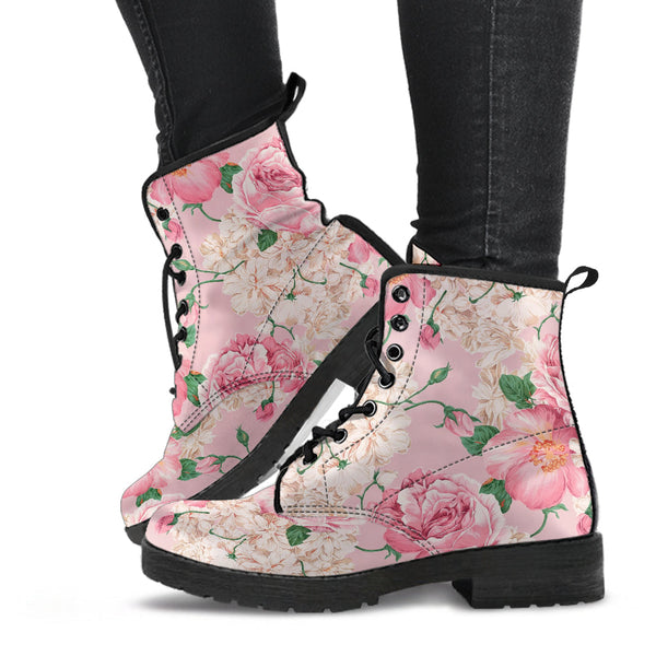 Combat Boots - Lovely Flowers #104 Pink | Vegan Leather Lace