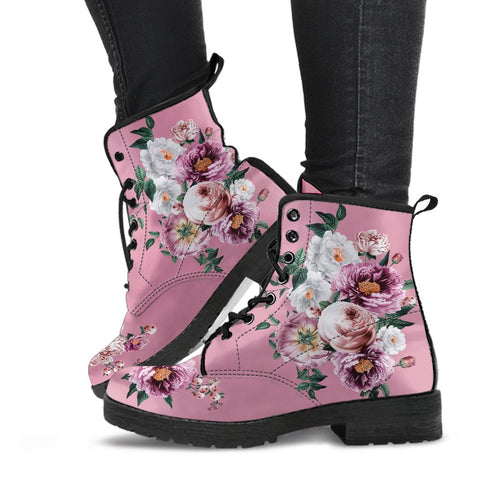 Combat Boots - Pink & White Flowers (Pink) | Blush Pink Flat
